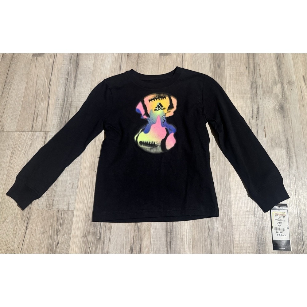 NWT Adidas Boys Size 4 Black Long Sleeve Graphic Logo T-Shirt 100% Cotton
